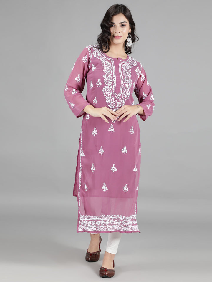 Lilac Georgette Chikan Kurta & Inner Slip