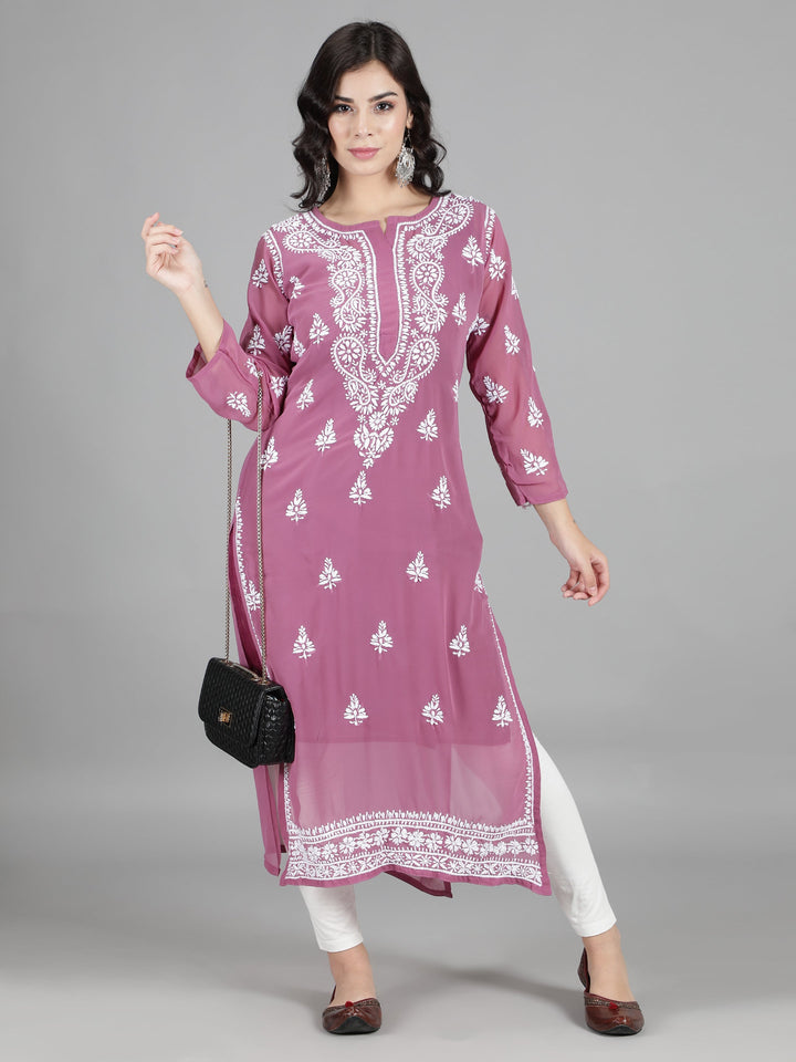 Lilac Georgette Chikan Kurta & Inner Slip