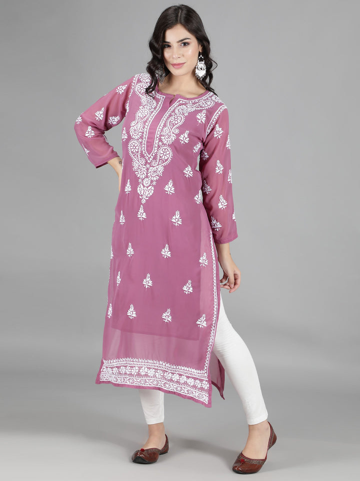 Lilac Georgette Chikan Kurta & Inner Slip