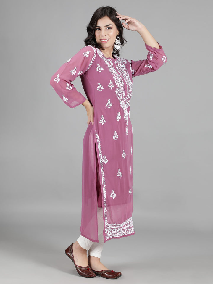 Lilac Georgette Chikan Kurta & Inner Slip