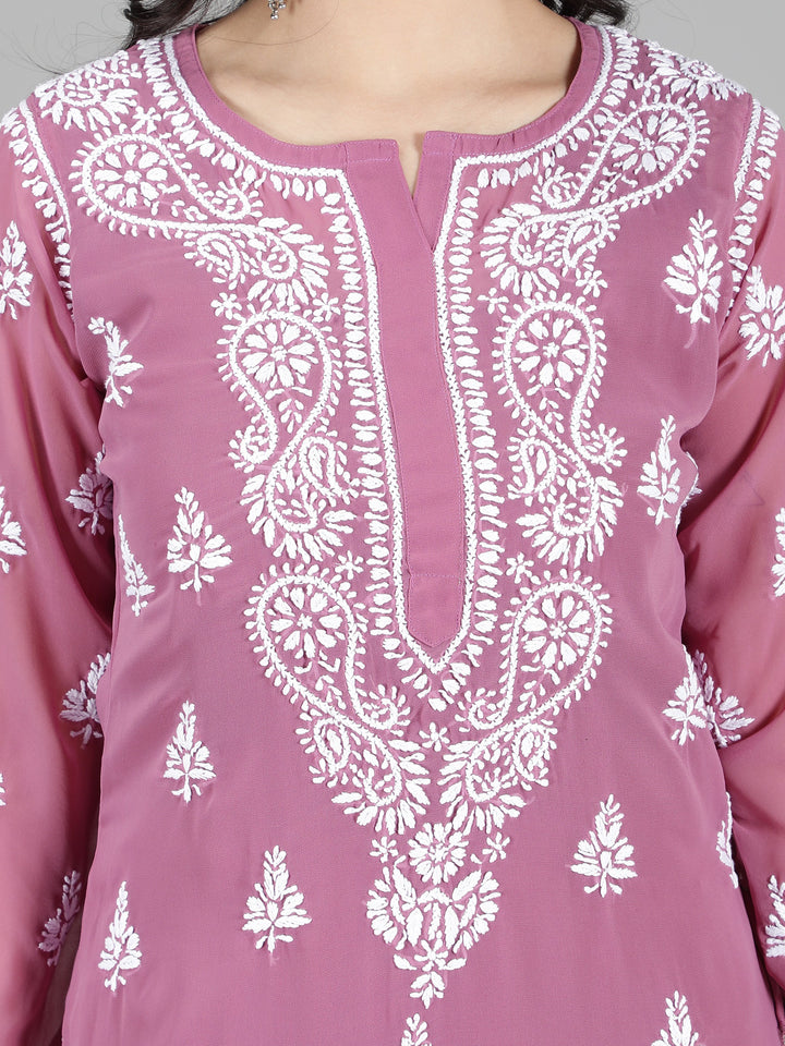 Lilac Georgette Chikan Kurta & Inner Slip