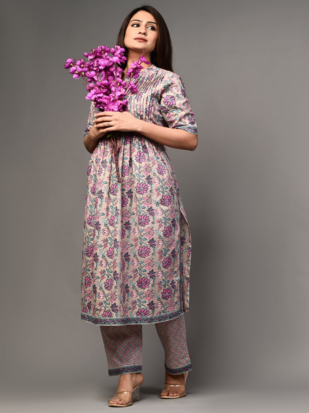 Lilac Pleated Kurta Pant Set