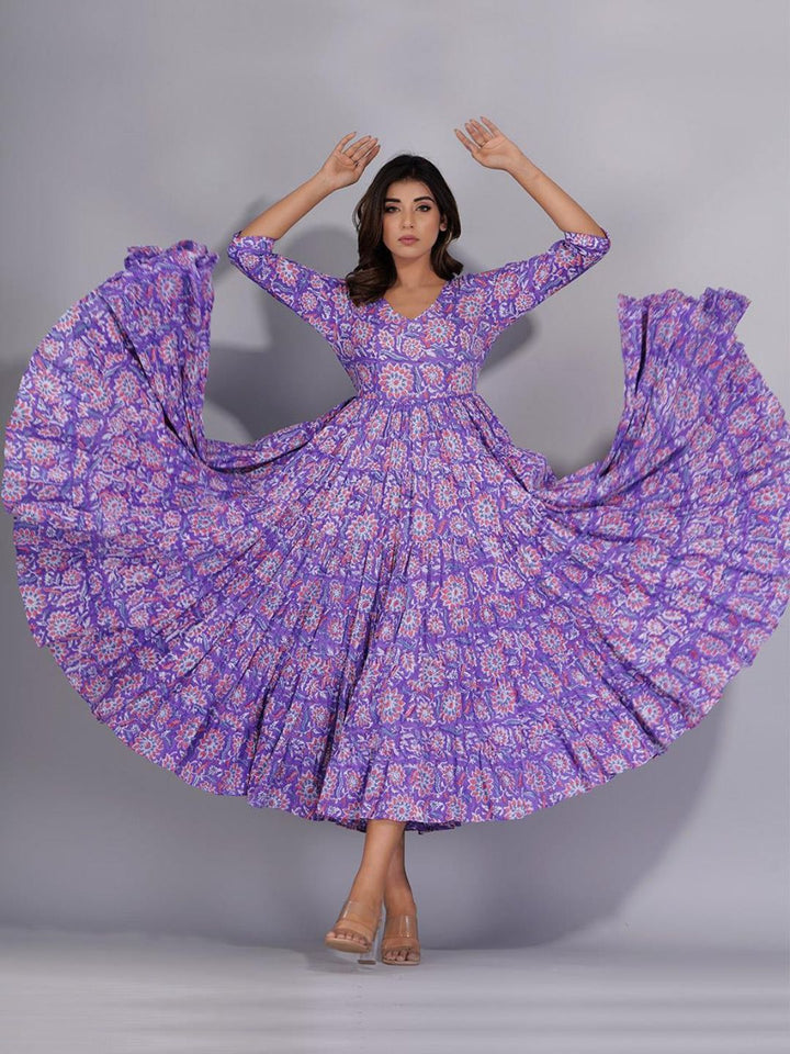 Lilac Printed Knee-Length Long Tiered Dress