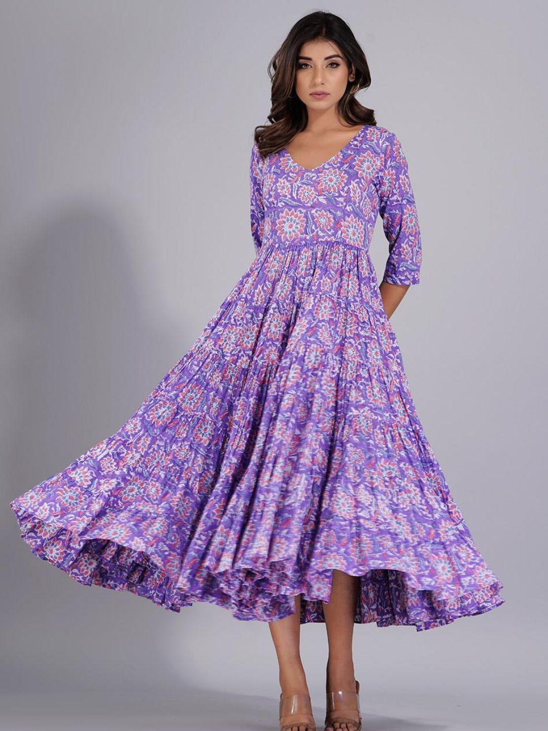 Lilac Printed Knee-Length Long Tiered Dress