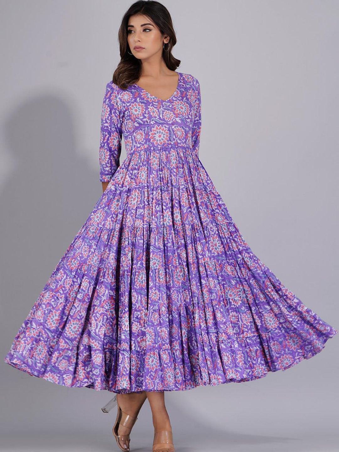 Lilac Printed Knee-Length Long Tiered Dress