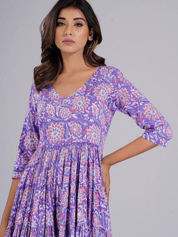 Lilac Printed Knee-Length Long Tiered Dress