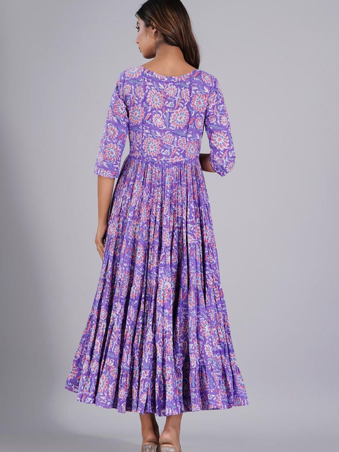 Lilac Printed Knee-Length Long Tiered Dress