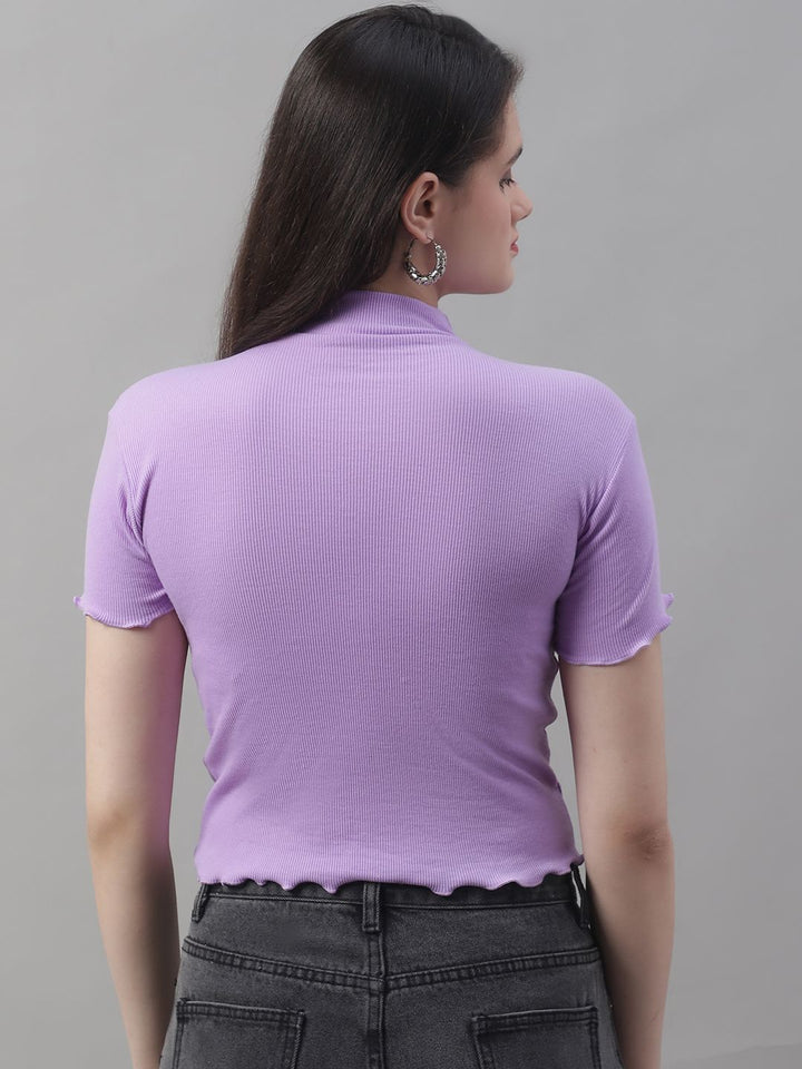 Lilac Turtle-Neck Crop Top with Lettuce Edge