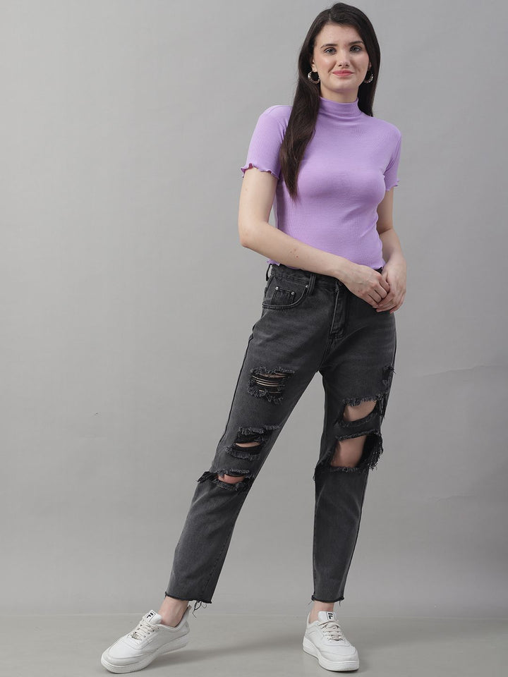 Lilac Turtle-Neck Crop Top with Lettuce Edge