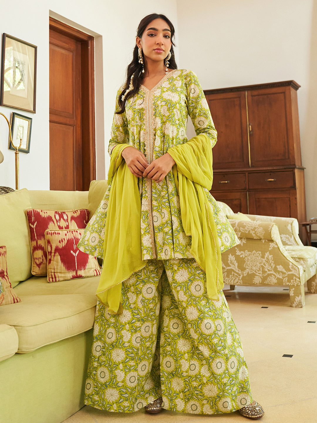 Lime Green Cotton Floral Printed Kurta Suit Set