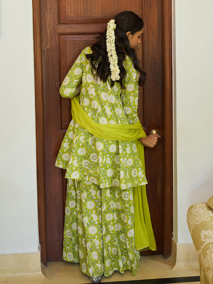 Lime Green Cotton Floral Printed Kurta Suit Set
