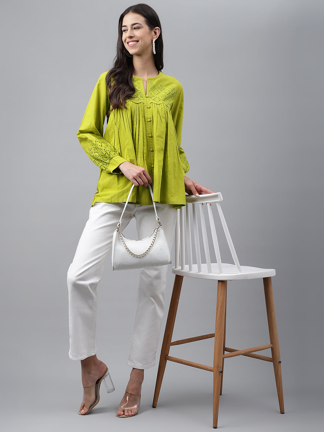 Lime Green Cotton Schiffi Flared Peplum Top