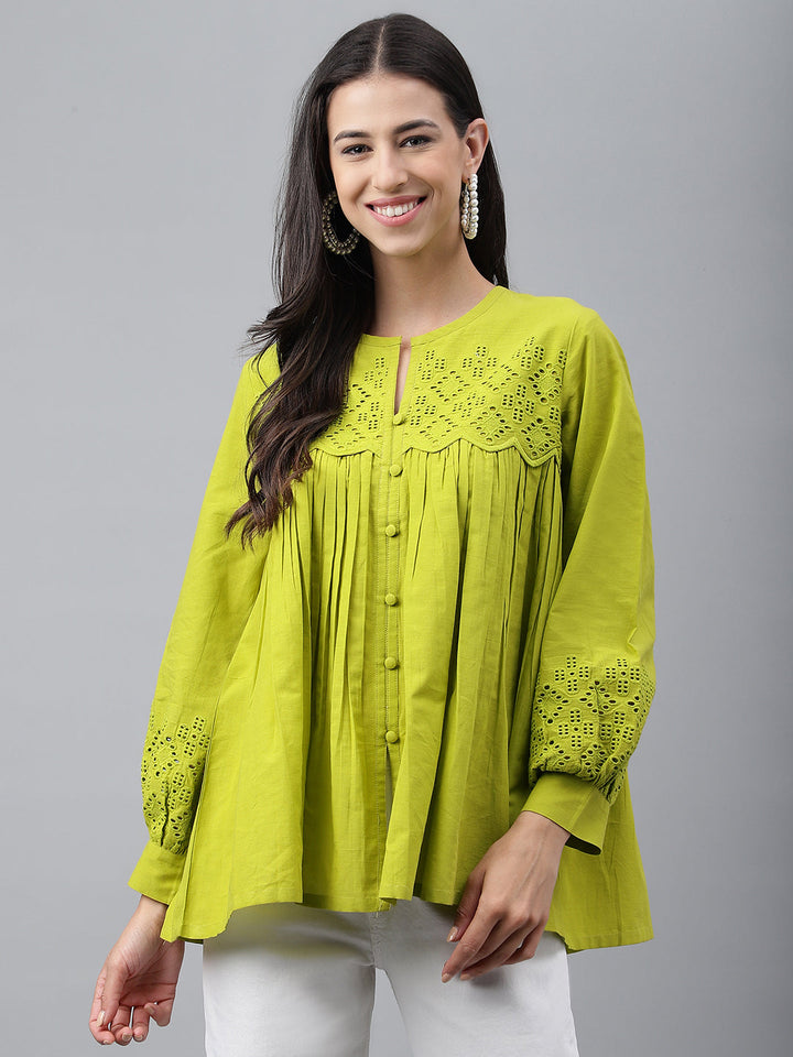 Lime Green Cotton Schiffi Flared Peplum Top