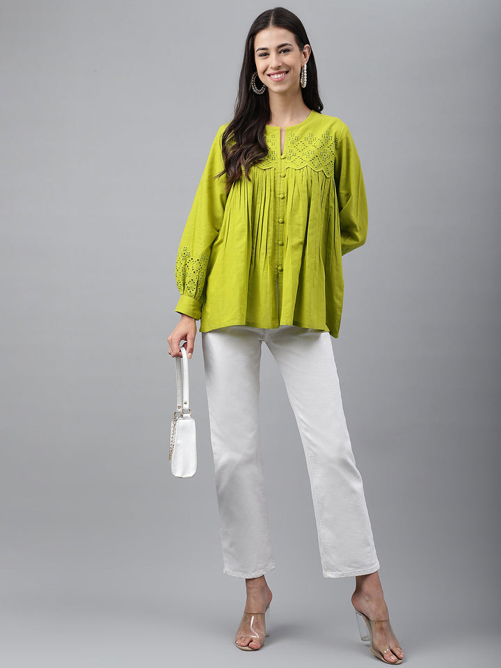 Lime Green Cotton Schiffi Flared Peplum Top