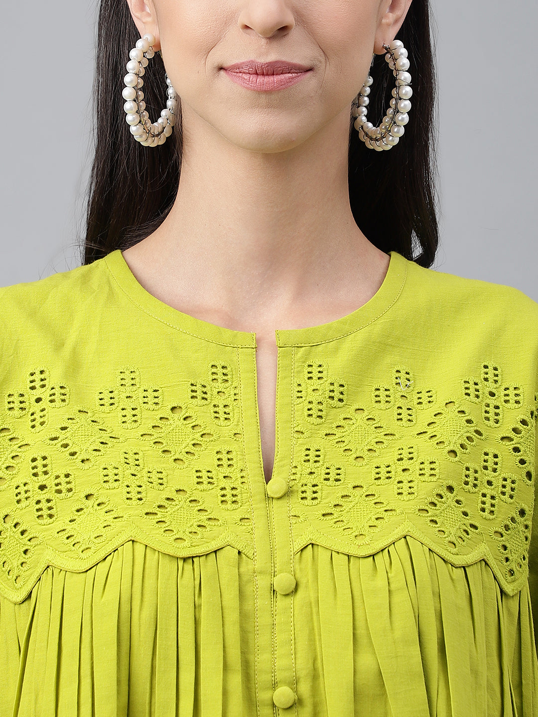 Lime Green Cotton Schiffi Flared Peplum Top