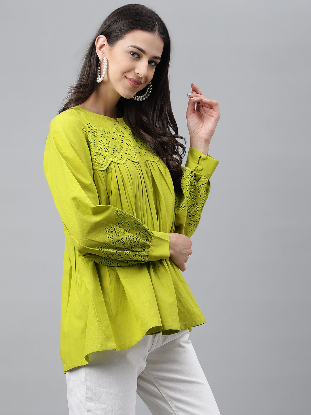 Lime Green Cotton Schiffi Flared Peplum Top