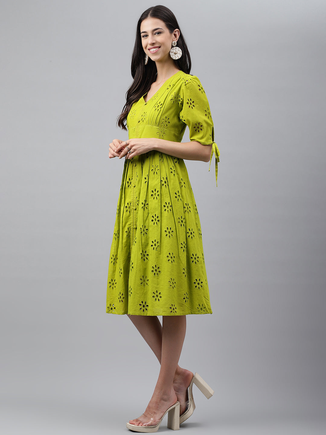 Lime Green Cotton Schiffli Casual Flare Dress