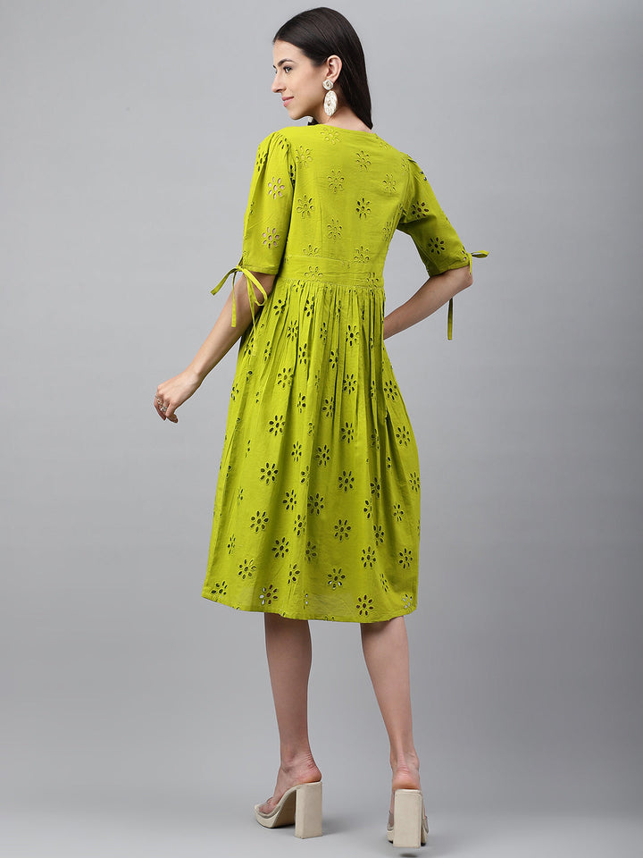 Lime Green Cotton Schiffli Casual Flare Dress