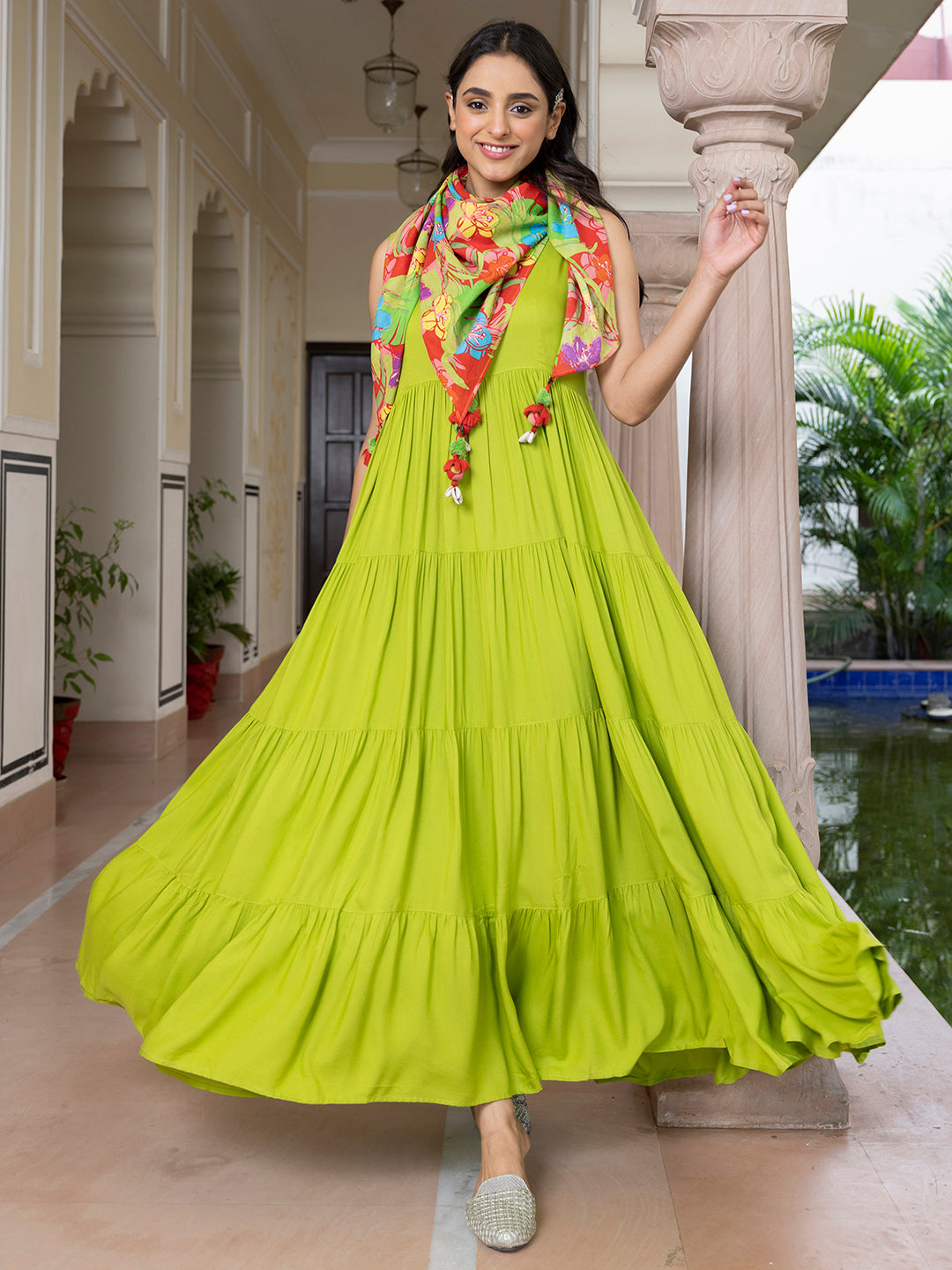 Lime Green Rayon Solid Kurta with Scarf Only