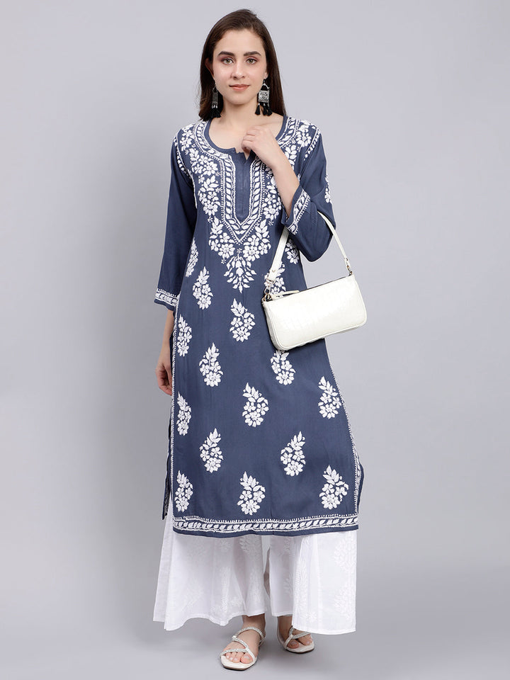 Livid Grey Rayon Handwoven Chikankari Kurti