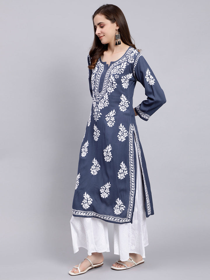 Livid Grey Rayon Handwoven Chikankari Kurti