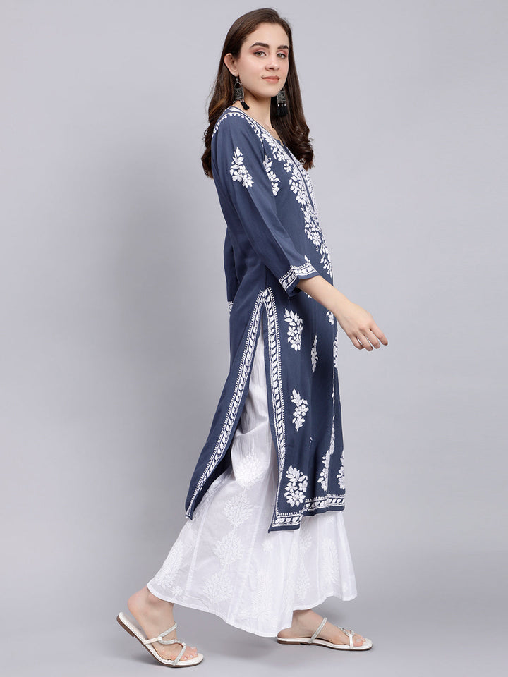 Livid Grey Rayon Handwoven Chikankari Kurti