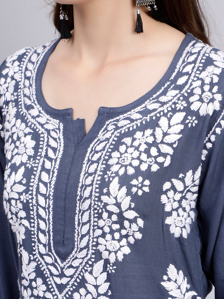 Livid Grey Rayon Handwoven Chikankari Kurti
