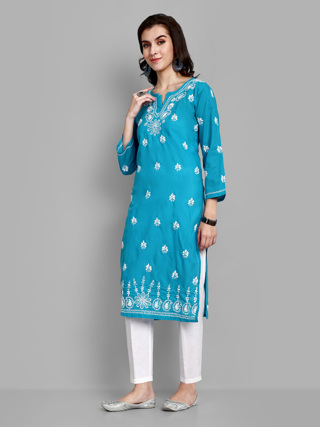 Lucknowi Chikankari Blue Cotton Silk Kurta