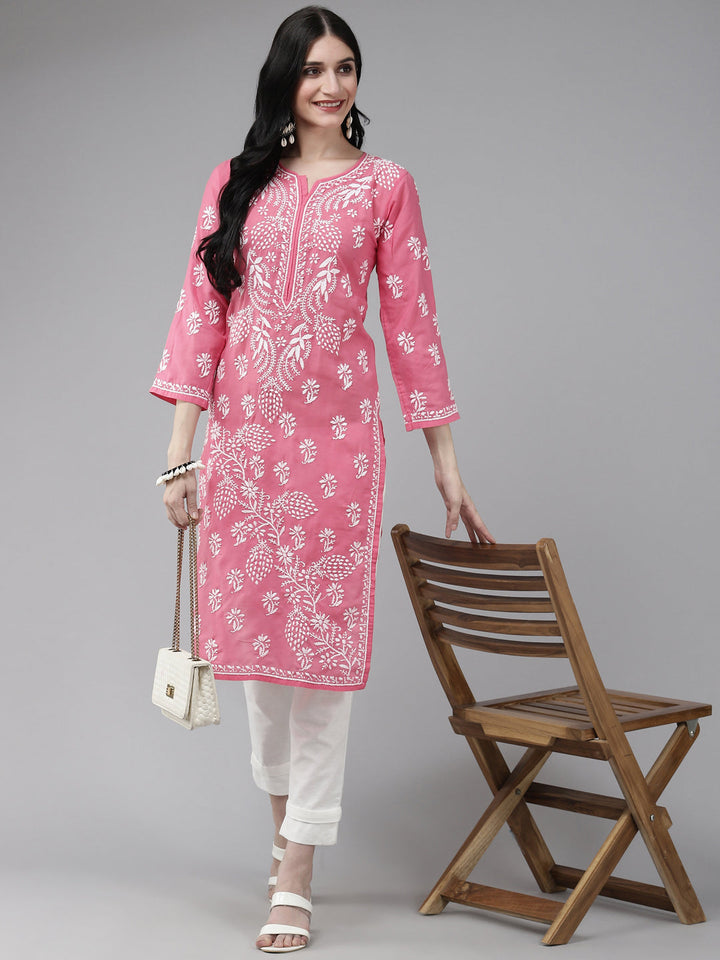 Lucknowi Chikankari Pink Cotton Kurta