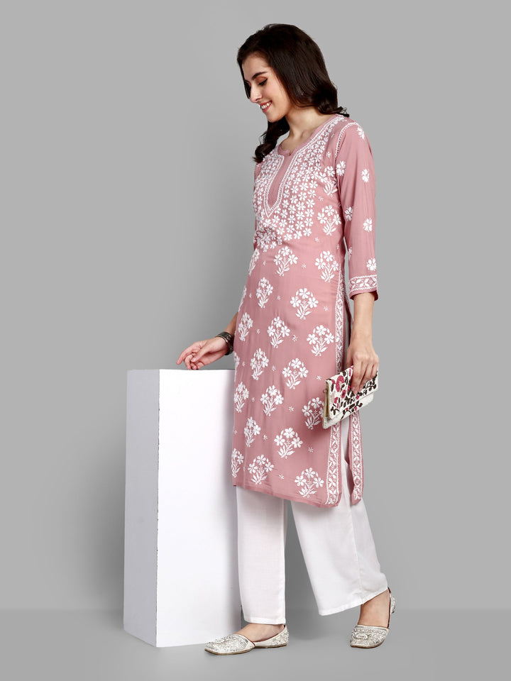 Lucknowi Chikankari Dusty Pink Rayon & Cotton Silk Kurta
