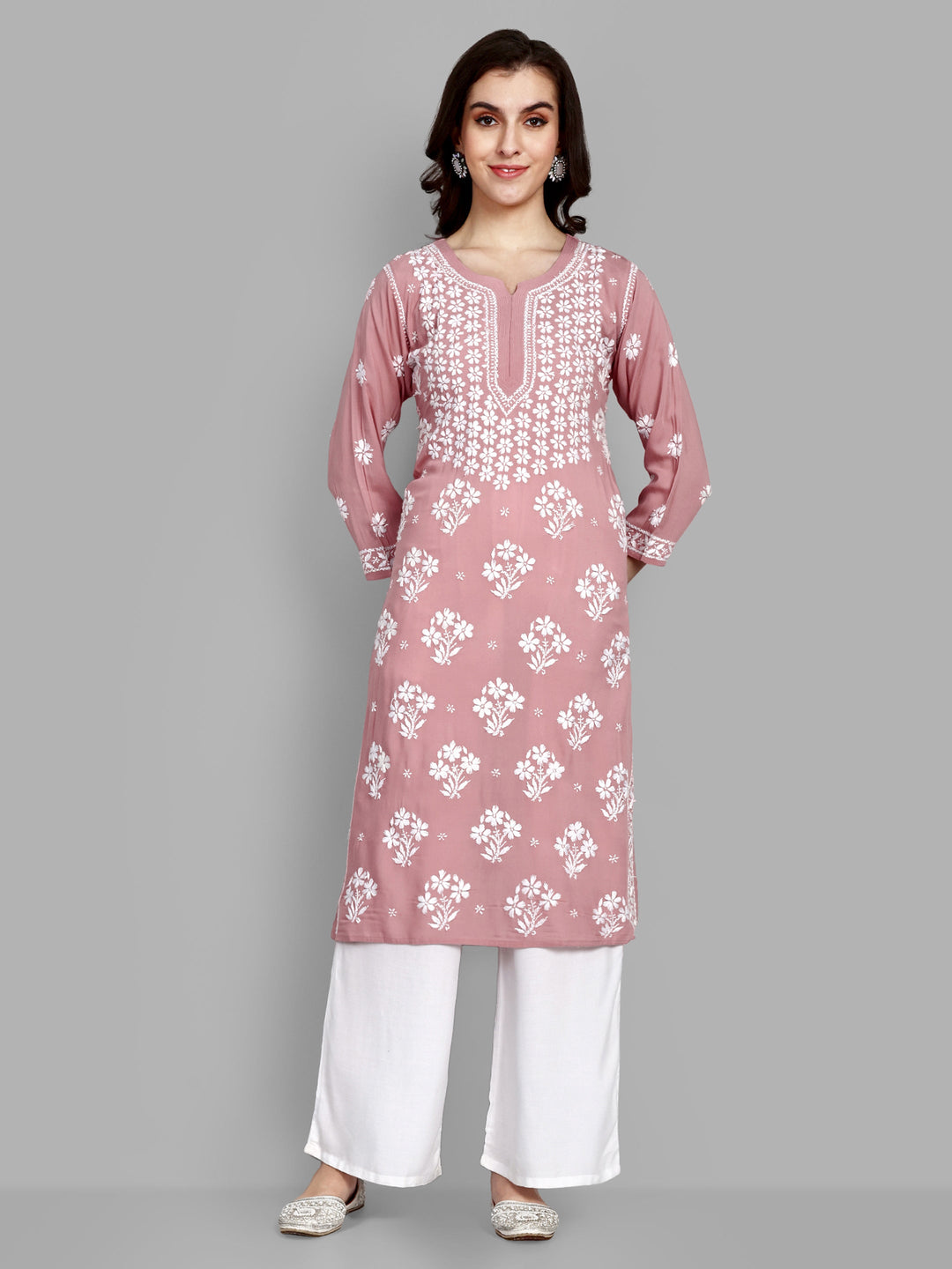 Lucknowi Chikankari Dusty Pink Rayon & Cotton Silk Kurta