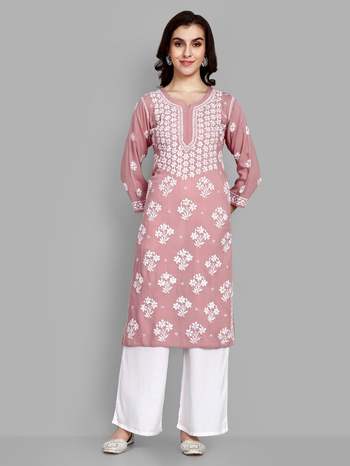 Lucknowi Chikankari Dusty Pink Rayon & Cotton Silk Kurta