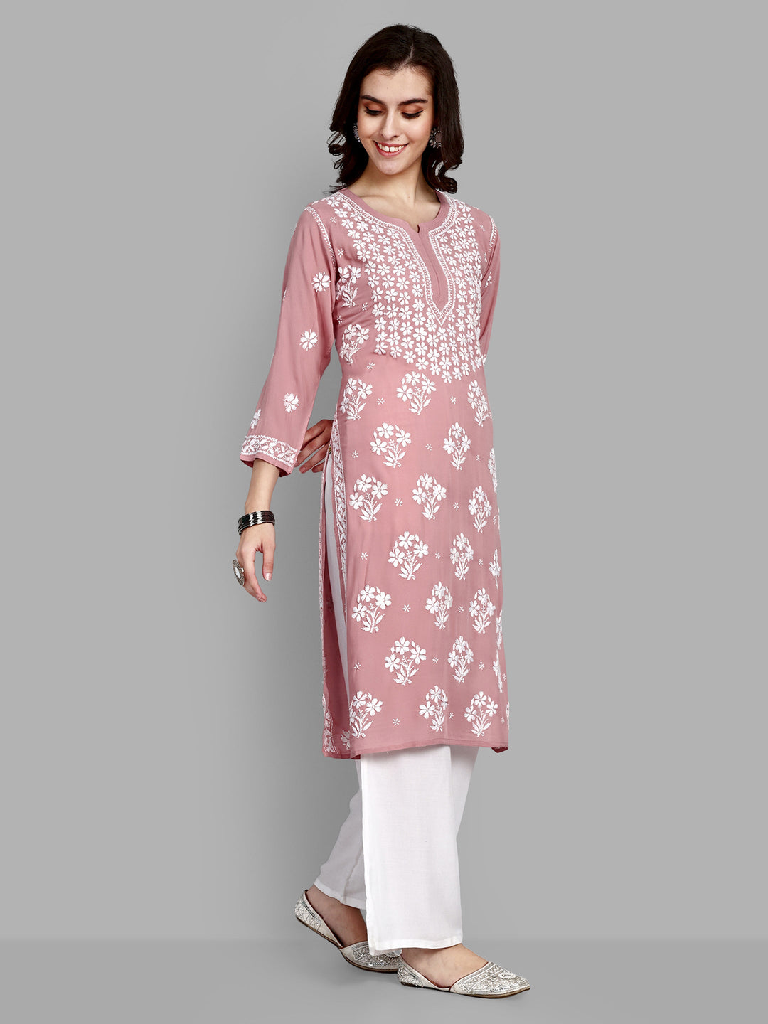 Lucknowi Chikankari Dusty Pink Rayon & Cotton Silk Kurta