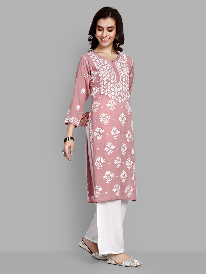 Lucknowi Chikankari Dusty Pink Rayon & Cotton Silk Kurta