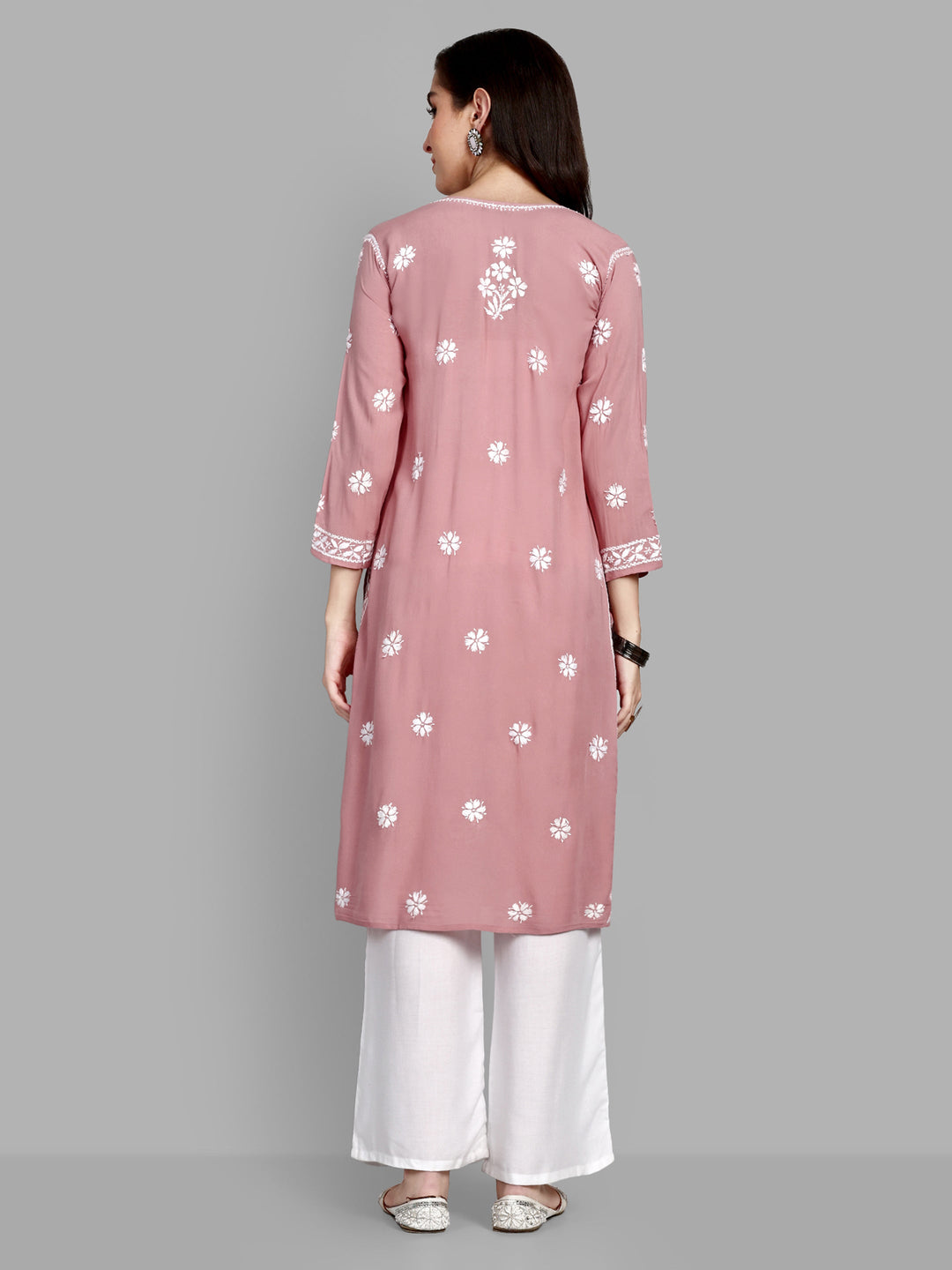 Lucknowi Chikankari Dusty Pink Rayon & Cotton Silk Kurta