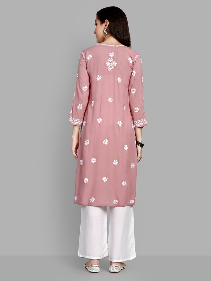 Lucknowi Chikankari Dusty Pink Rayon & Cotton Silk Kurta