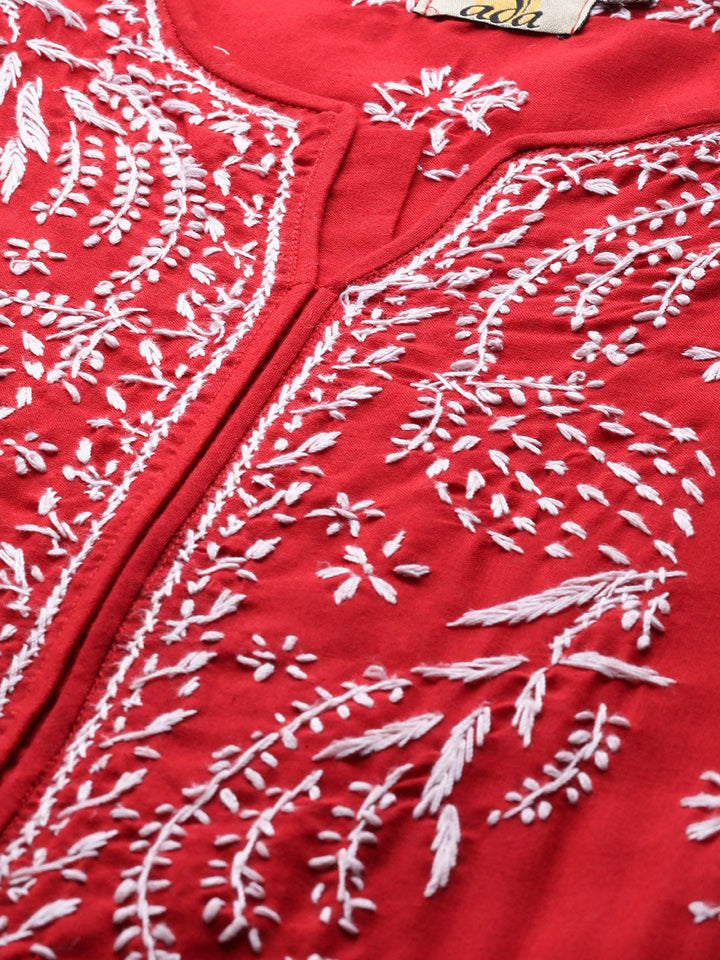 Lucknowi Chikankari Red Cotton Kurta