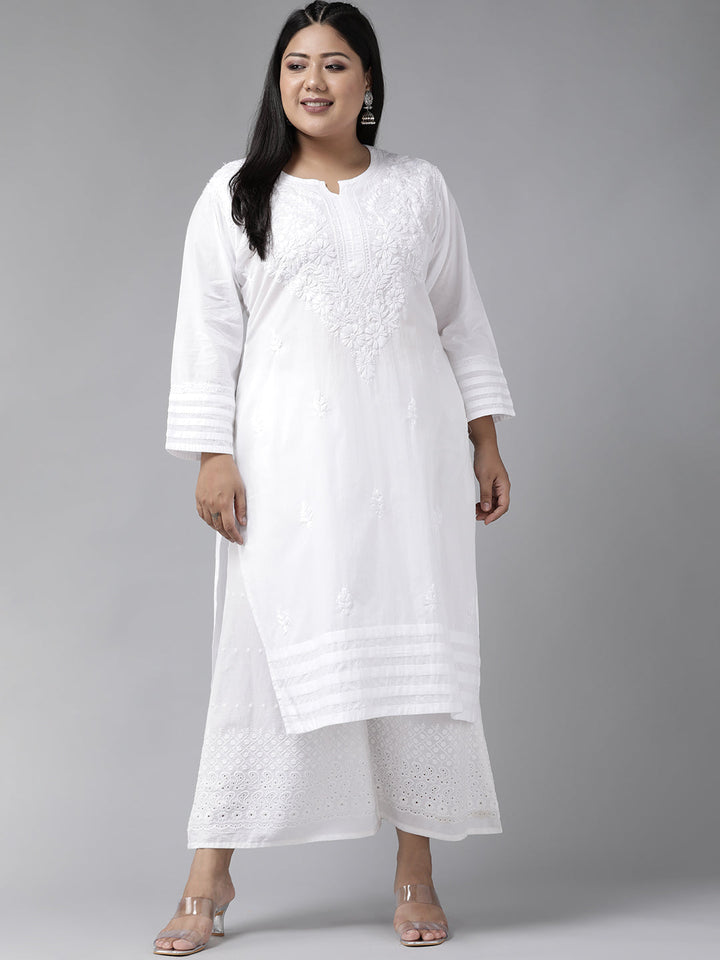 Lucknowi Chikankari White Cotton Plus Size Kurta