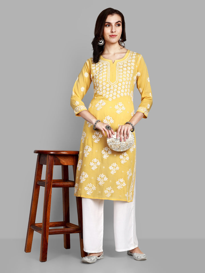 Lucknowi Chikankari Yellow Rayon & Cotton Silk Kurta