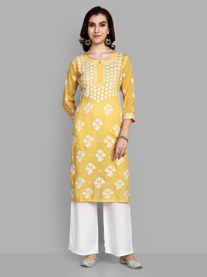 Lucknowi Chikankari Yellow Rayon & Cotton Silk Kurta