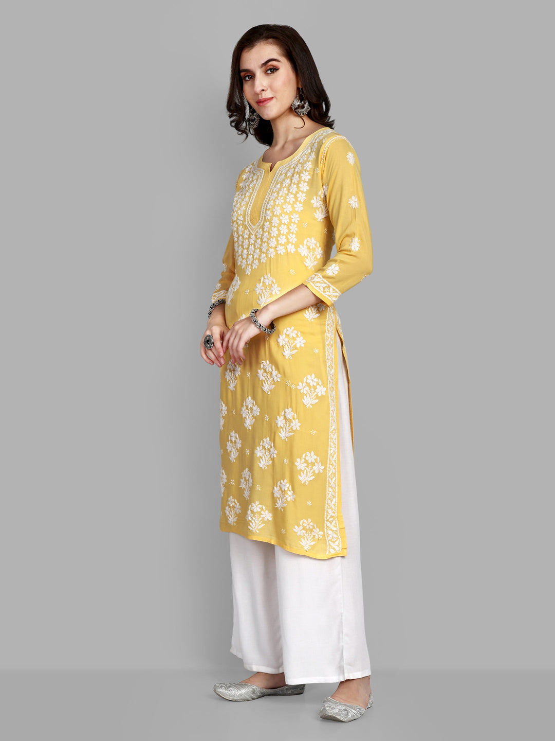 Lucknowi Chikankari Yellow Rayon & Cotton Silk Kurta