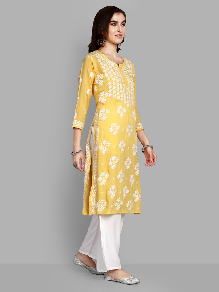 Lucknowi Chikankari Yellow Rayon & Cotton Silk Kurta