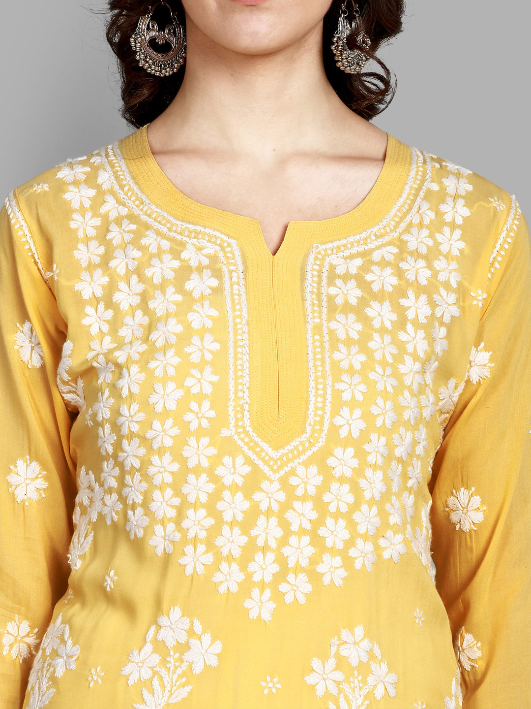 Lucknowi Chikankari Yellow Rayon & Cotton Silk Kurta
