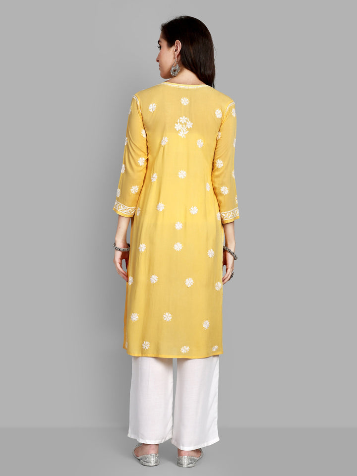 Lucknowi Chikankari Yellow Rayon & Cotton Silk Kurta