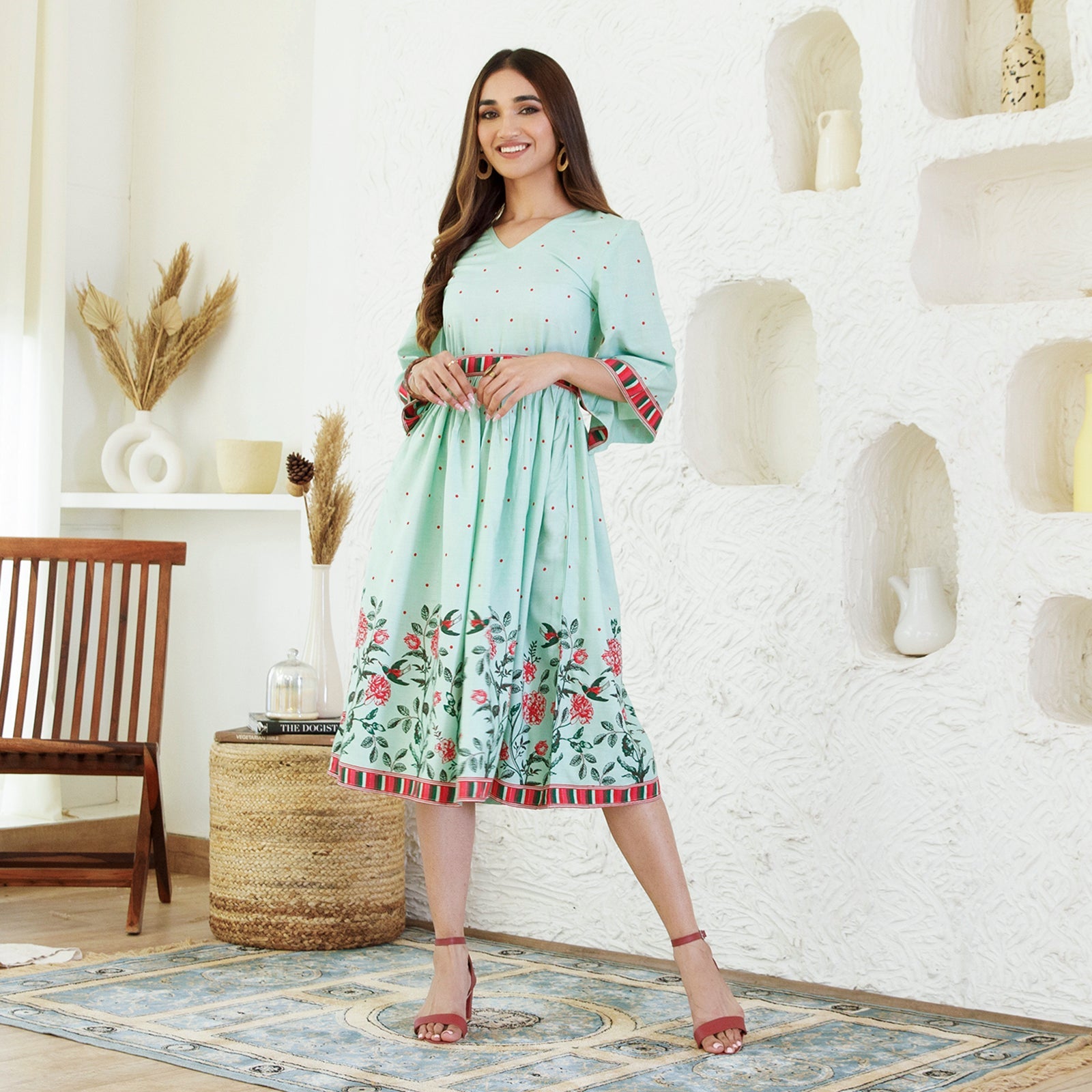 Mint Green Floral Flared Dress With Belt ZERESOUQ.COM