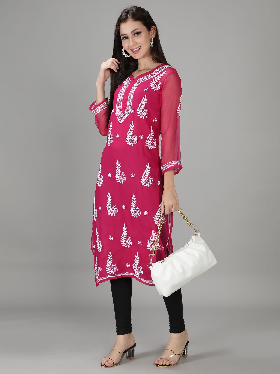 Magenta Georgette Chikan Kurta & Inner Slip