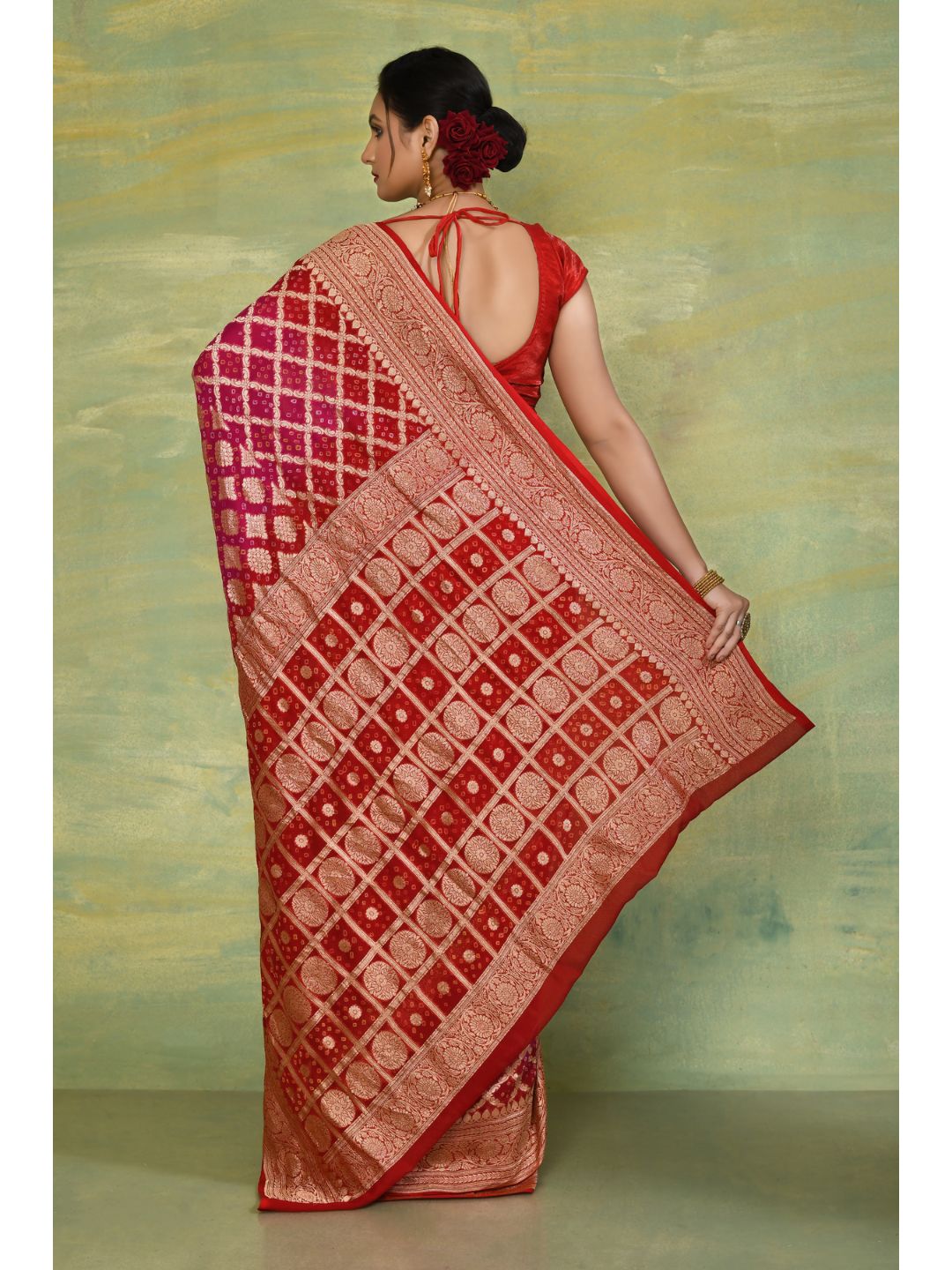 Magenta Khaddi Georgette Bandhej Banarasi Saree