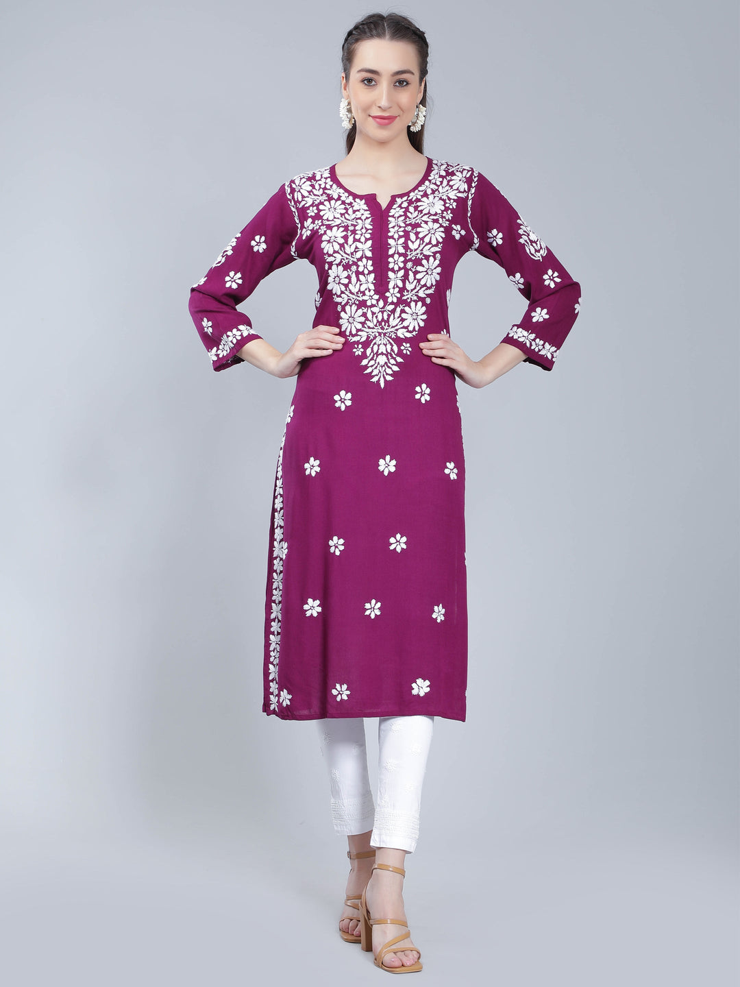 Magenta-Rayon-Kurta-with-White-Chikan-Work