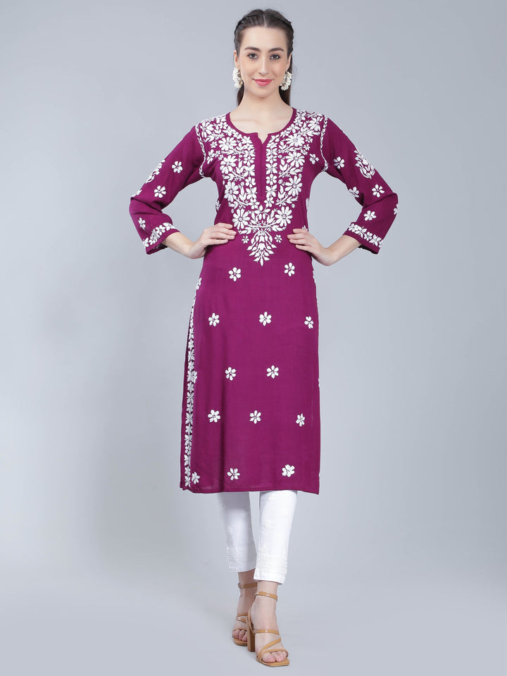 Magenta-Rayon-Kurta-with-White-Chikan-Work