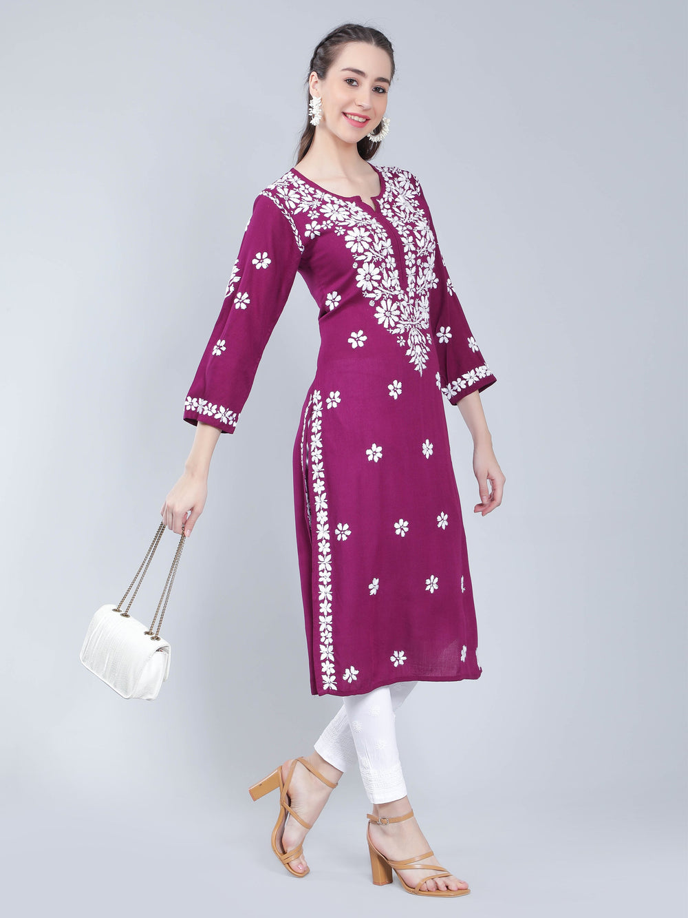 Magenta-Rayon-Kurta-with-White-Chikan-Work